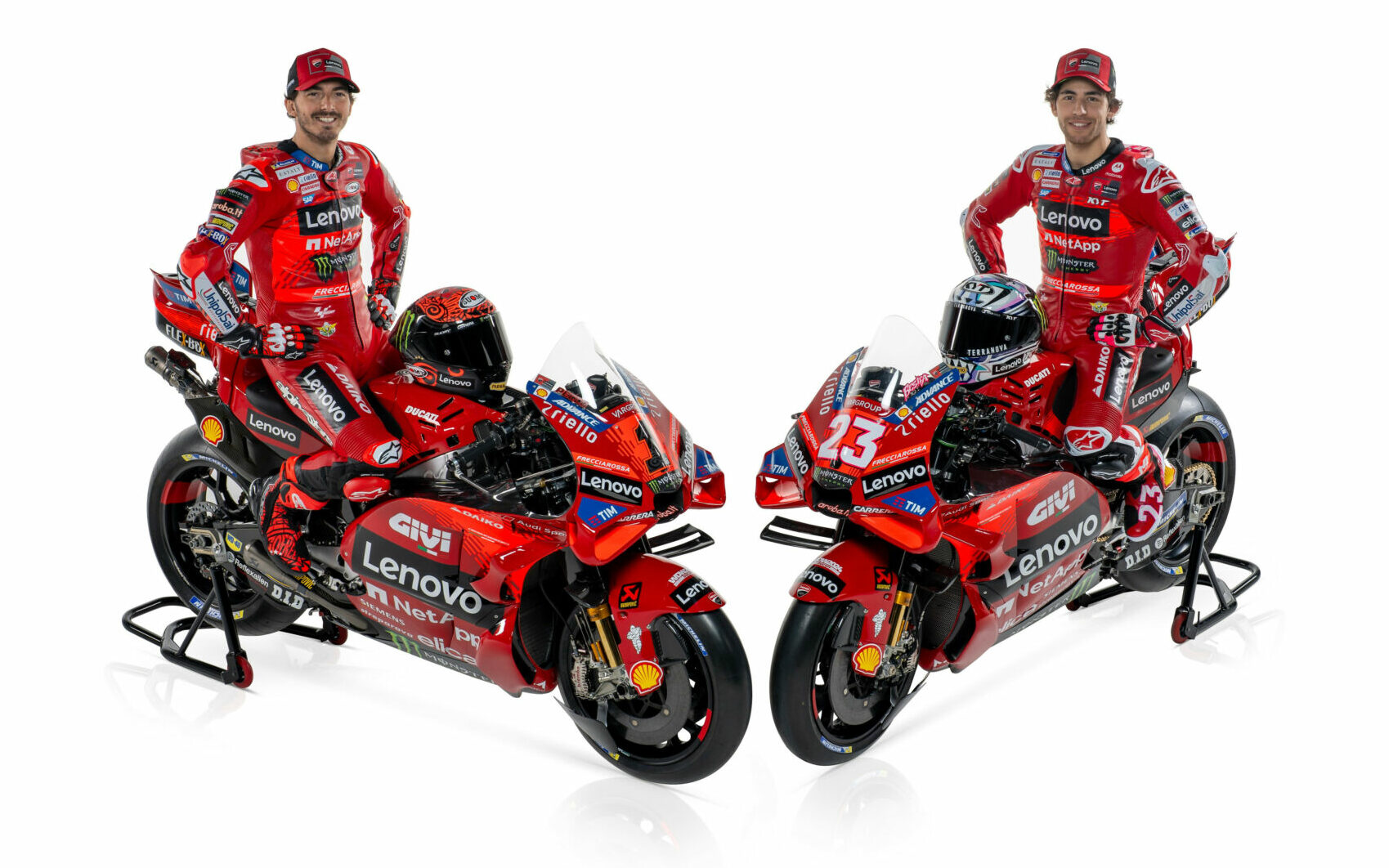 Ducati Lenovo Team's two-time and defending MotoGP World Champion Francesco Bagnaia (left) and his teammate Enea Bastianini (right). Photo courtesy Ducati.