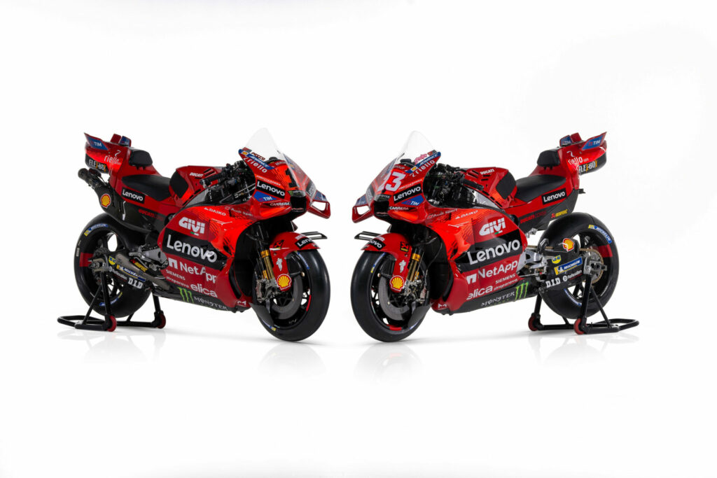 The 2024 Ducati Desmosedici racebikes of Francesco Bagnaia (1) and Enea Bastianini (23). Photo courtesy Ducati.